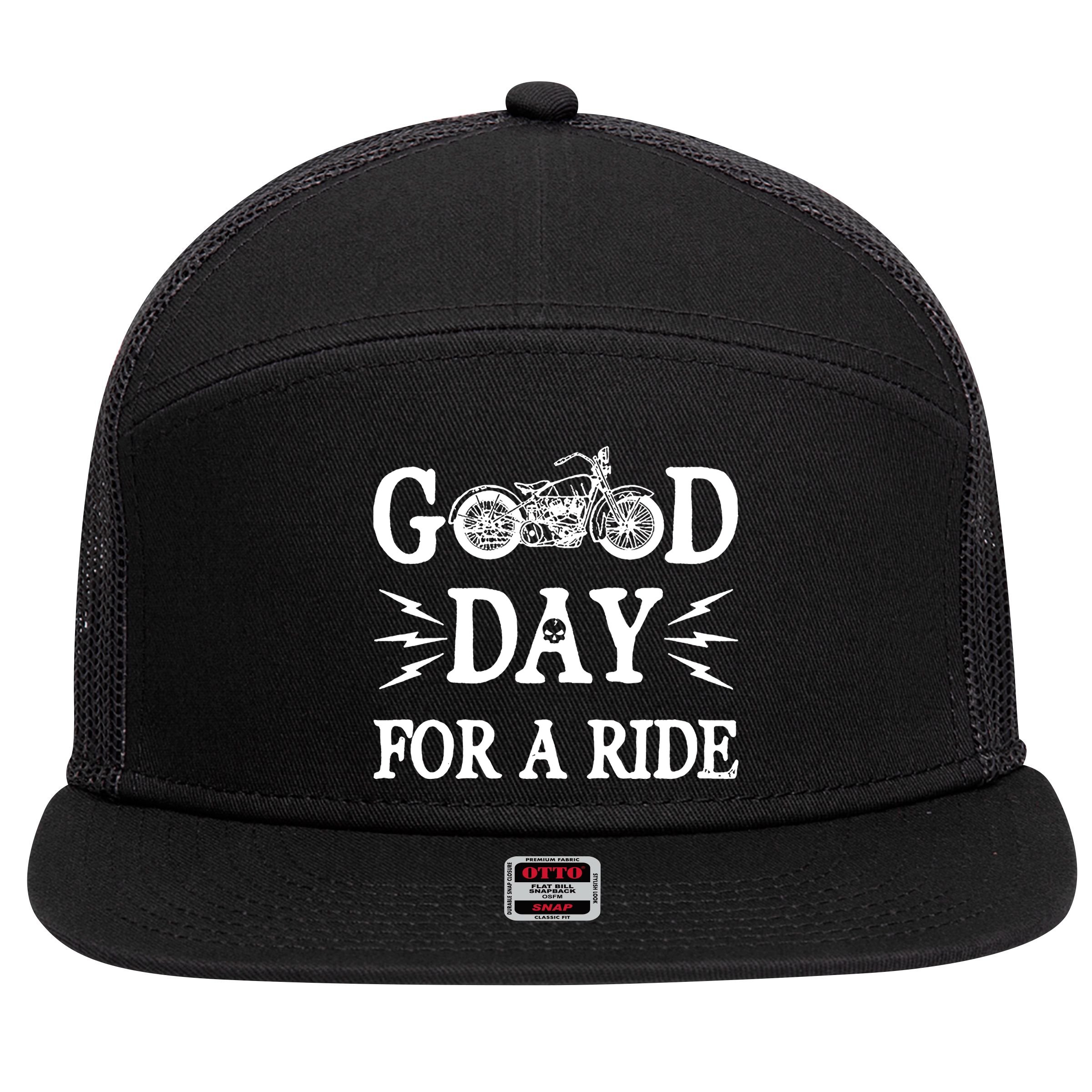 Good Day For A Ride Motorcycle 7 Panel Mesh Trucker Snapback Hat