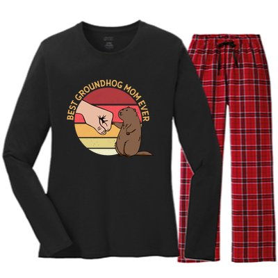 Groundhog Day Funny Quote Best Groundhog Mom Ever Women's Long Sleeve Flannel Pajama Set 