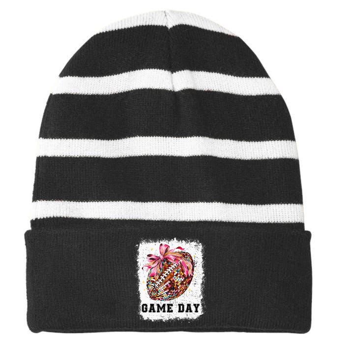 Game Day Football Season Football Bow Striped Beanie with Solid Band