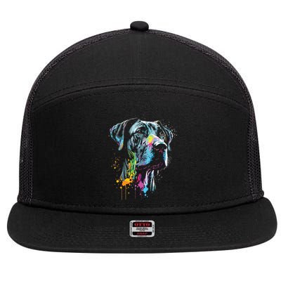 Great Dane Face Splash Art Portrait For Dog Owners 7 Panel Mesh Trucker Snapback Hat