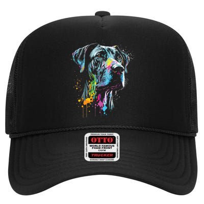 Great Dane Face Splash Art Portrait For Dog Owners High Crown Mesh Back Trucker Hat