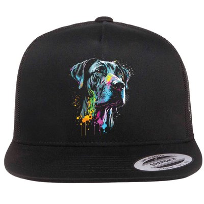 Great Dane Face Splash Art Portrait For Dog Owners Flat Bill Trucker Hat