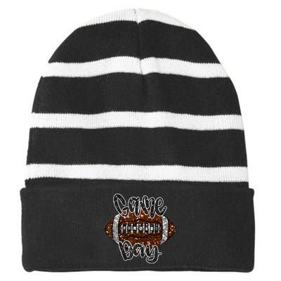 Game Day Football Bling Bling Football Lover Fall Autumn Striped Beanie with Solid Band