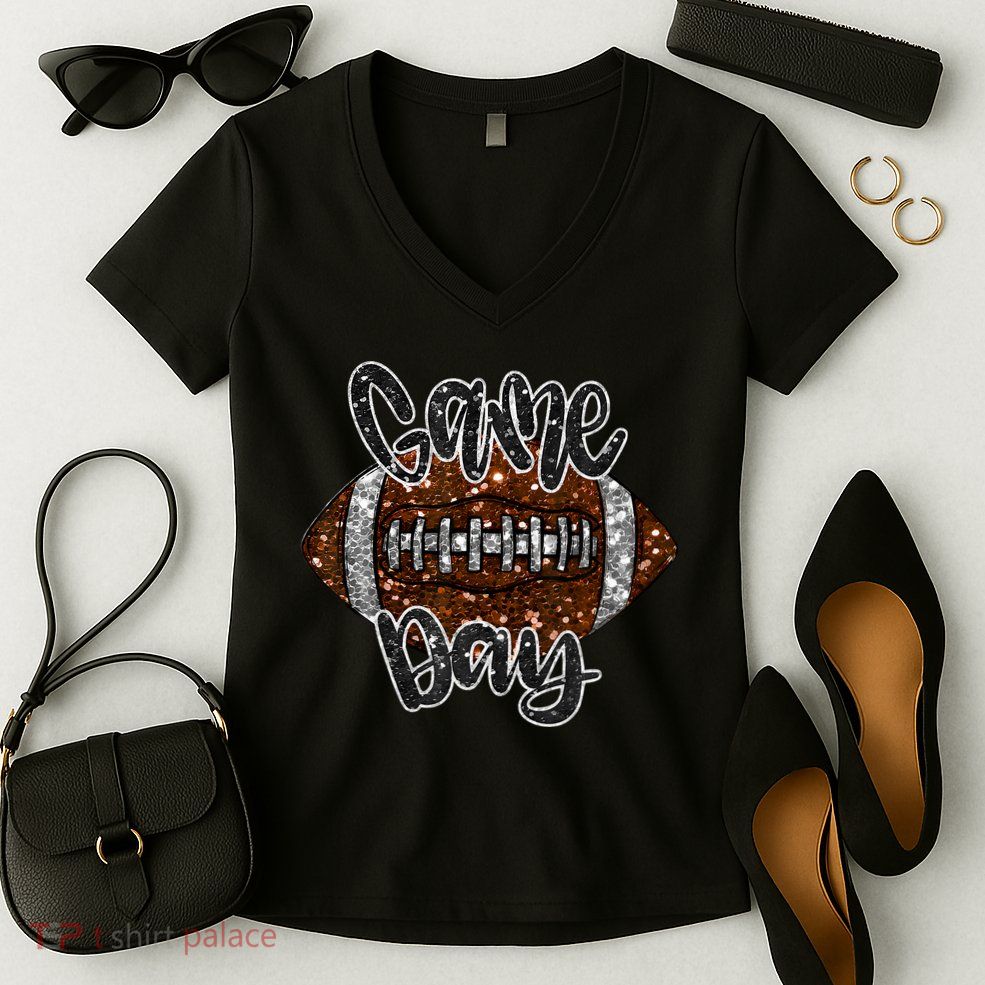 Game Day Football Bling Bling Football Lover Fall Autumn Women's V-Neck T-Shirt