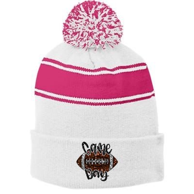 Game Day Football Bling Bling Football Lover Fall Autumn Stripe Pom Pom Beanie