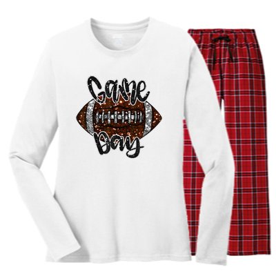 Game Day Football Bling Bling Football Lover Fall Autumn Women's Long Sleeve Flannel Pajama Set 