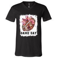 Game Day Football Season Football Bow Gift Girl Women V-Neck T-Shirt