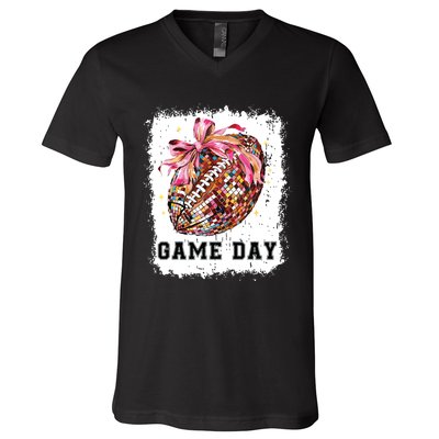 Game Day Football Season Football Bow Gift Girl Women V-Neck T-Shirt