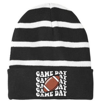 Game Day Football Fan Striped Beanie with Solid Band