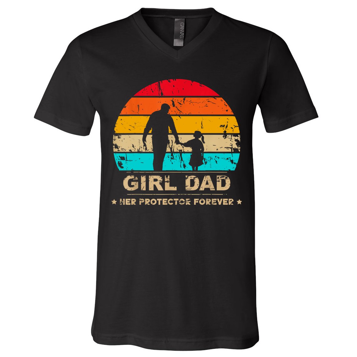 Girl Dad Her Protector Forever Funny Vintage Fathers Day V-Neck T-Shirt