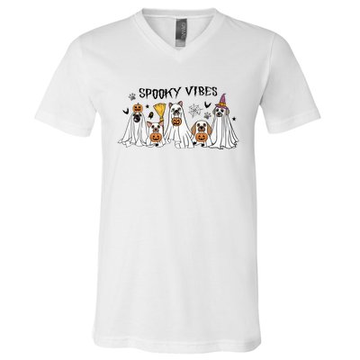 Ghost Dog Halloween Spooky Vibes V-Neck T-Shirt