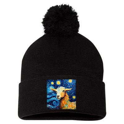 Goat Design In The Style Of Van Goghs Iconic Starry Night Pom Pom 12in Knit Beanie