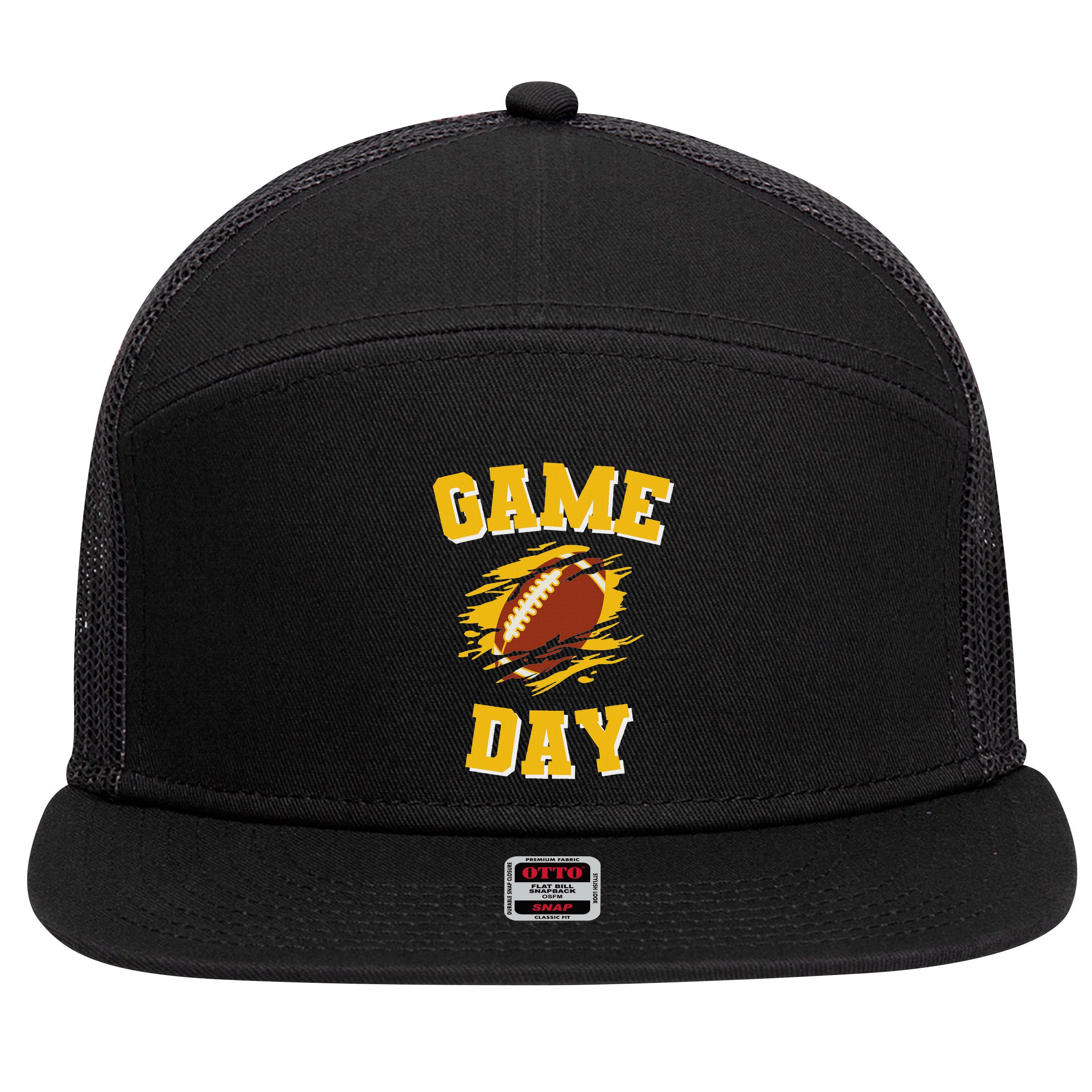 Game Day Kick Off Football Black And Yellow Team Fan 7 Panel Mesh Trucker Snapback Hat