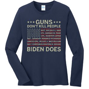 Gun.s Don't Like Ki.lls People Biden Does American Flag Ladies Long Sleeve Shirt