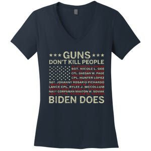 Gun.s Don't Like Ki.lls People Biden Does American Flag Women's V-Neck T-Shirt