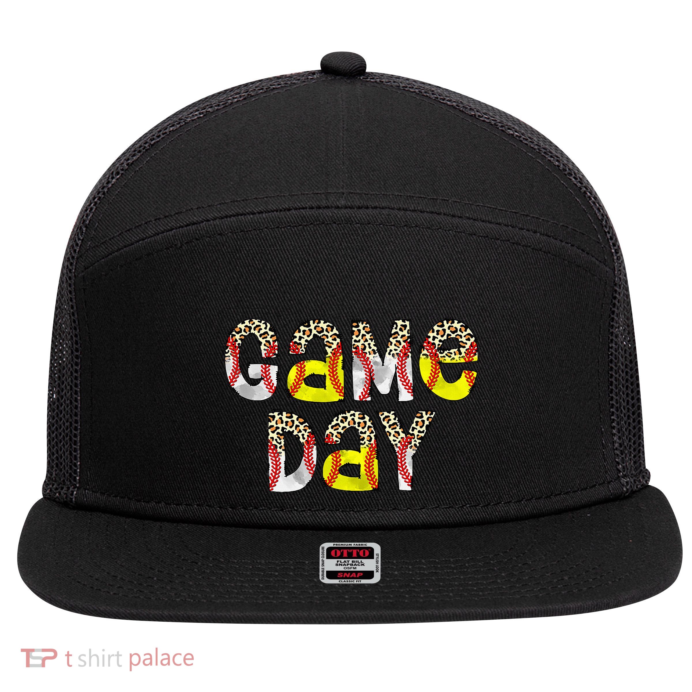Game Day Leopard Baseball Softball Mom Life 7 Panel Mesh Trucker Snapback Hat