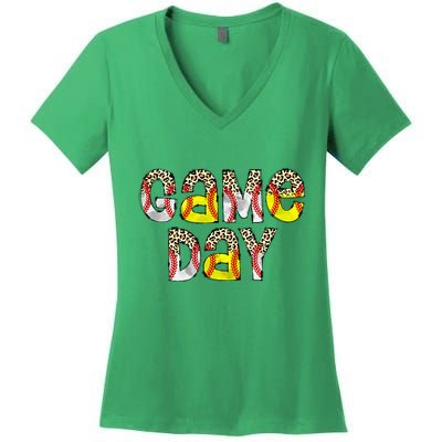 Game Day Leopard Baseball Softball Mom Life Women's V-Neck T-Shirt