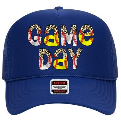 Game Day Leopard Baseball Softball Mom Life High Crown Mesh Back Trucker Hat