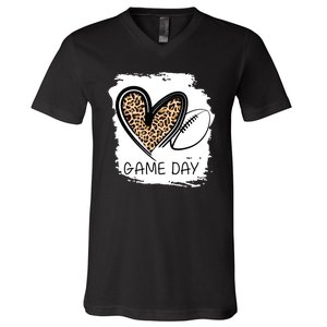 Game Day Leopard Football Fan Cute Heart V-Neck T-Shirt