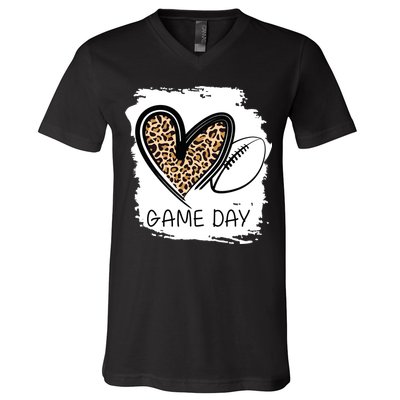 Game Day Leopard Football Fan Cute Heart V-Neck T-Shirt