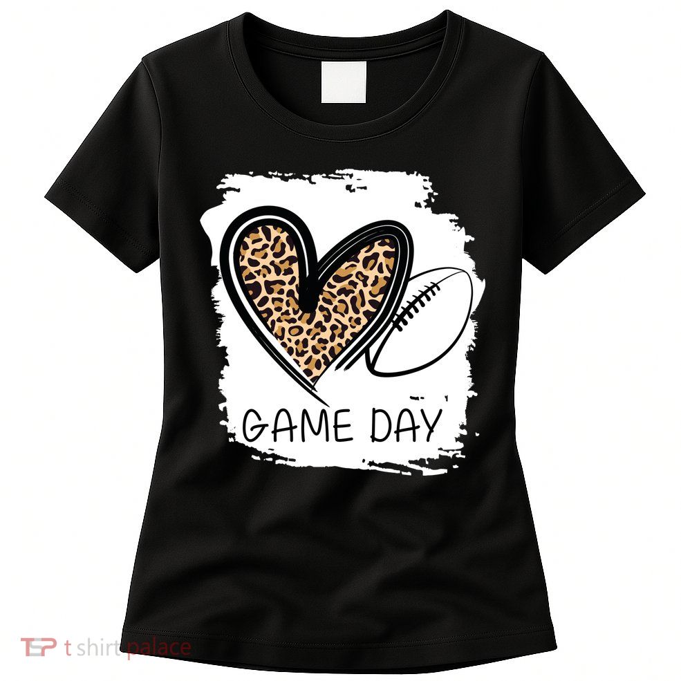 Game Day Leopard Football Fan Cute Heart Womens T-Shirt