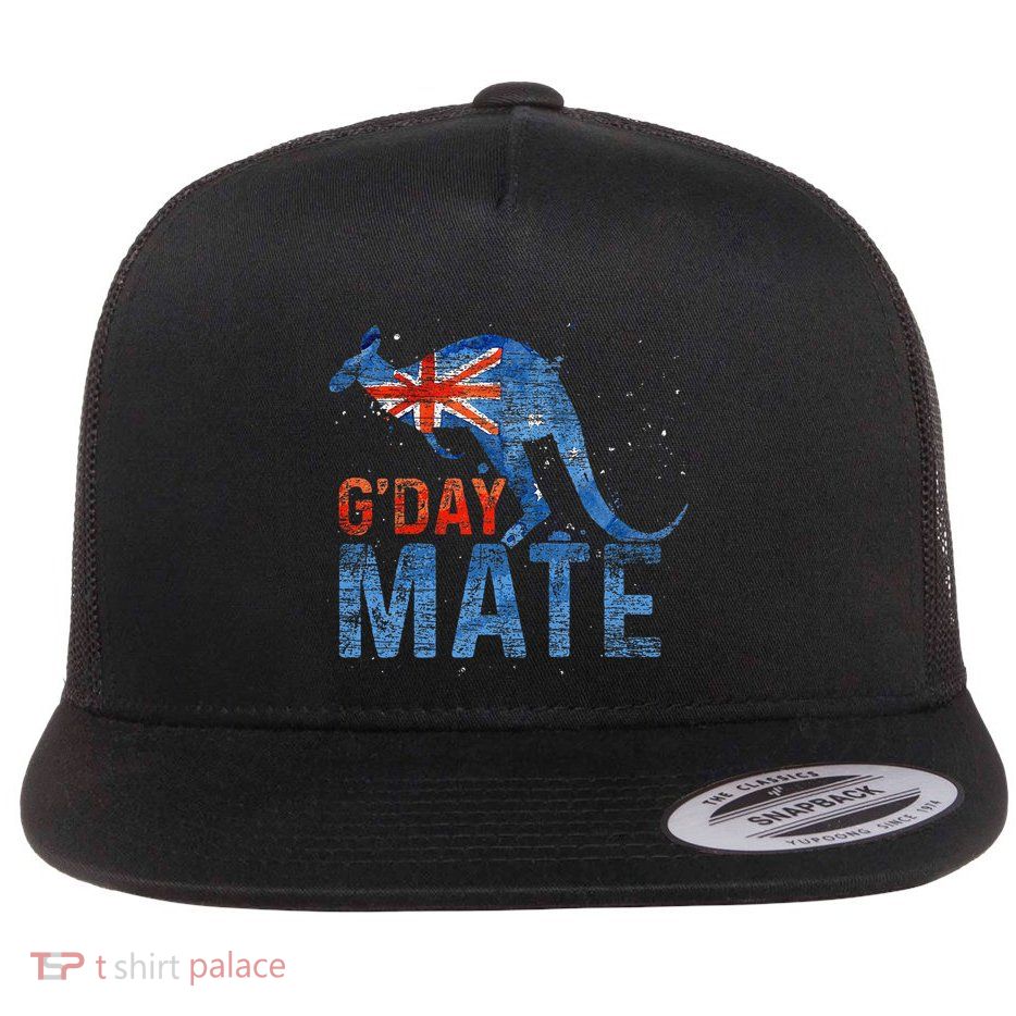 G Day Mate Kangaroo Aussie Animal Australia Flag Flat Bill Trucker Hat