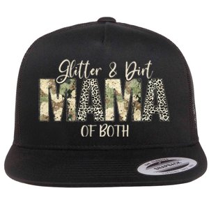 Glitter Dirt Mom Mama Of Both Leopard Camo Mother's Day Flat Bill Trucker Hat