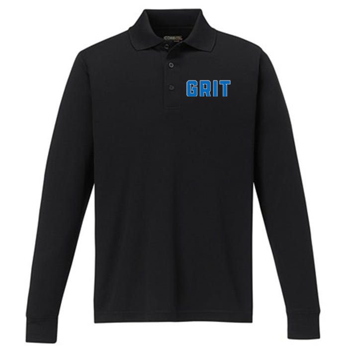 Grit Detroit Michigan Blue And White Performance Long Sleeve Polo