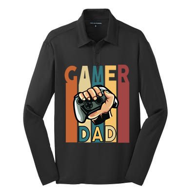 Gamer Dad Retro Vintage Gaming Fathers Day Gift Silk Touch Performance Long Sleeve Polo