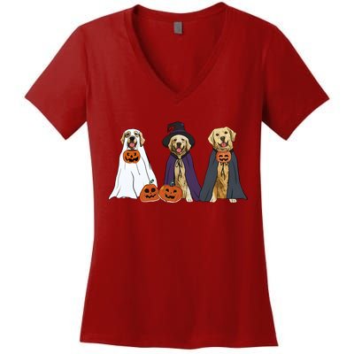 Golden Dog Retriever Ghost Dogs Halloween Women's V-Neck T-Shirt