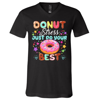 Groovy Donut Stress Just Do Your Best Testing Day Teachers V-Neck T-Shirt