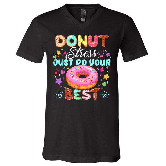 Groovy Donut Stress Just Do Your Best Testing Day Teachers V-Neck T-Shirt