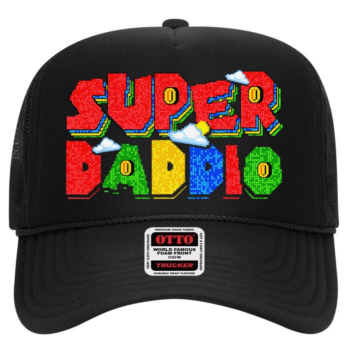 Gamer Dad Super Daddio Father's Day Funny Gift High Crown Mesh Back Trucker Hat