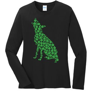 Green Dog Shamrock St Patricks Day Ladies Long Sleeve Shirt