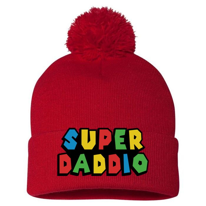 Gamer Dad Super Daddio Fathers Day Funny Gift Pom Pom 12in Knit Beanie