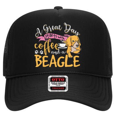 Great Day Starts With Coffee and a Beagle High Crown Mesh Back Trucker Hat