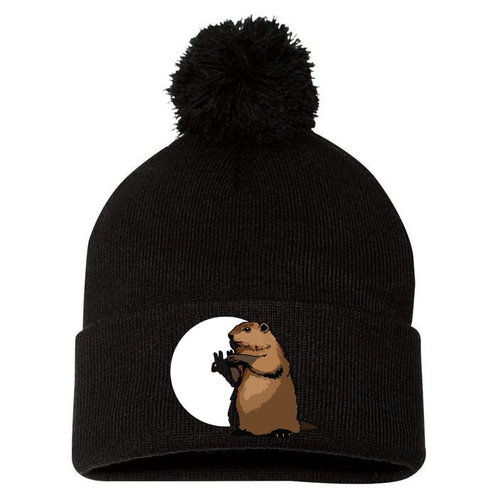 Groundhog Day Shadow Puppet Funny Gift Pom Pom 12in Knit Beanie