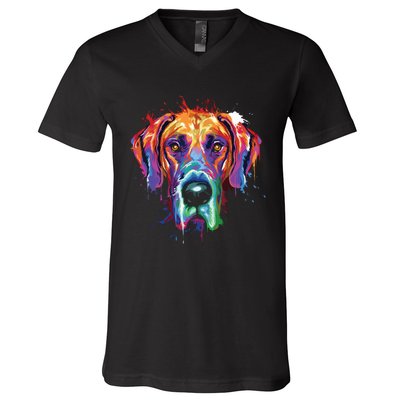 Great Dane Splash Art Dane Shirts Great Dane Gifts V-Neck T-Shirt