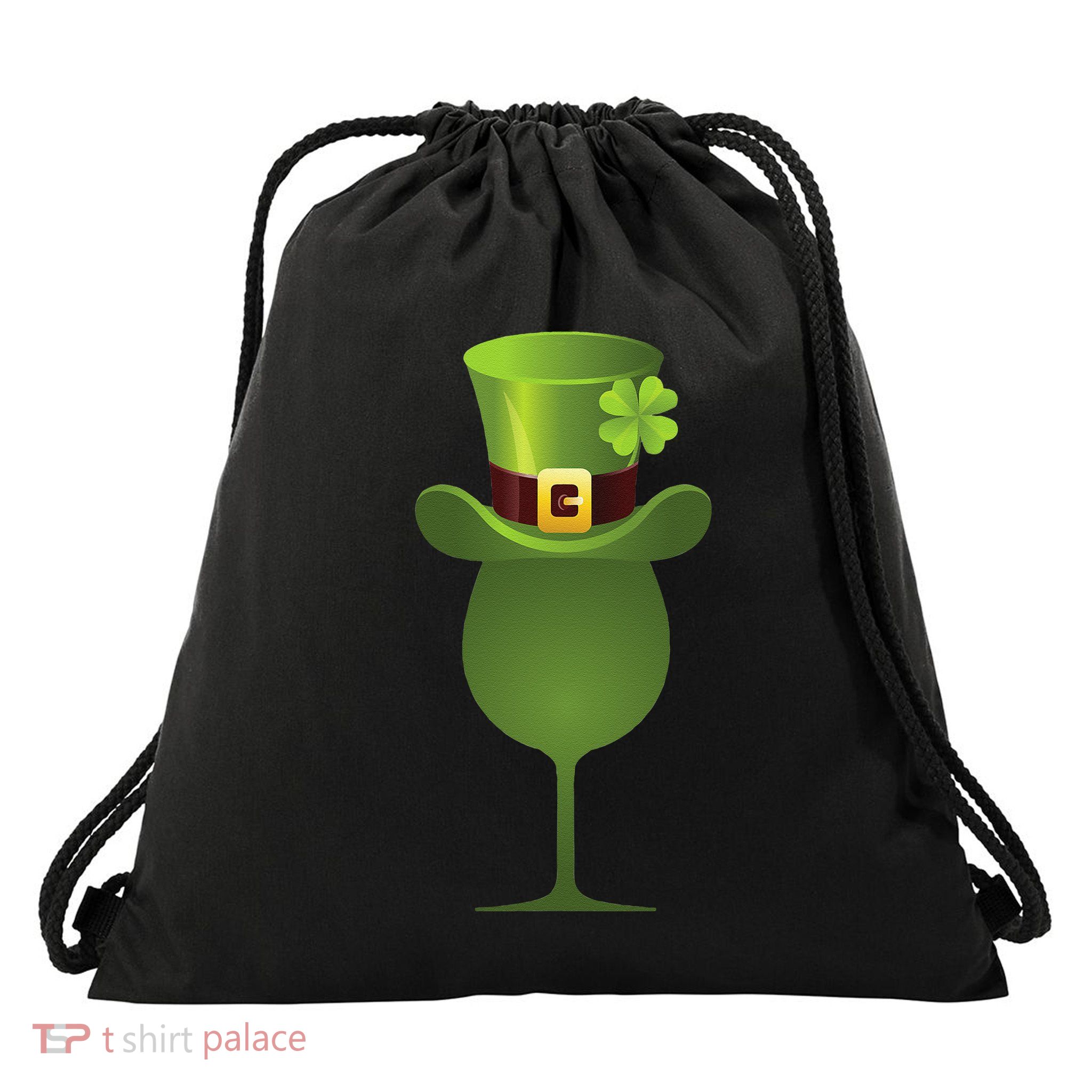 Green Drinking St. Patricks Shamrock Tophat Wine Graphic Drawstring Bag