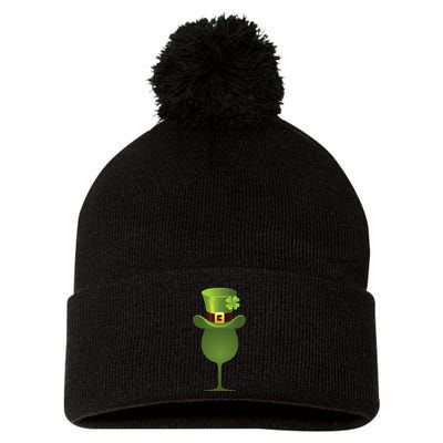 Green Drinking St. Patricks Shamrock Tophat Wine Graphic Pom Pom 12in Knit Beanie