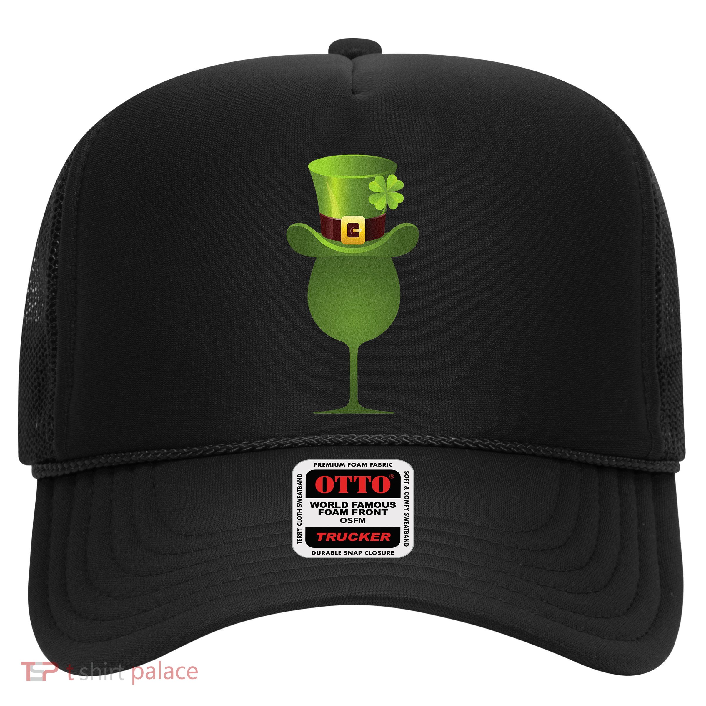 Green Drinking St. Patricks Shamrock Tophat Wine Graphic Trucker Hat