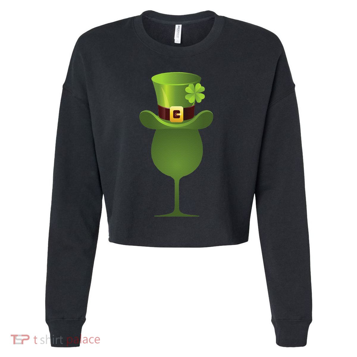 Green Drinking St. Patricks Shamrock Tophat Wine Graphic Cropped Pullover Crew
