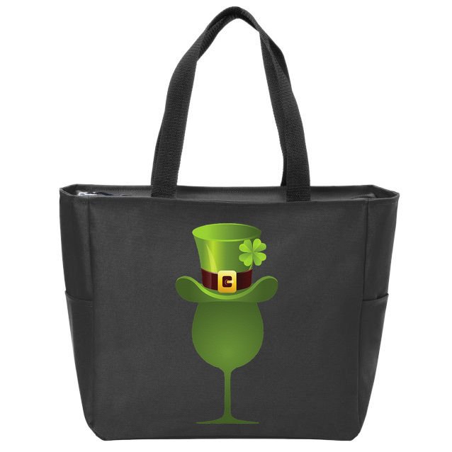 Green Drinking St. Patricks Shamrock Tophat Wine Graphic Zip Tote Bag