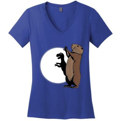 GroundhogS Dinosaur Shadow Puppet Funny Groundhog Day Women's V-Neck T-Shirt