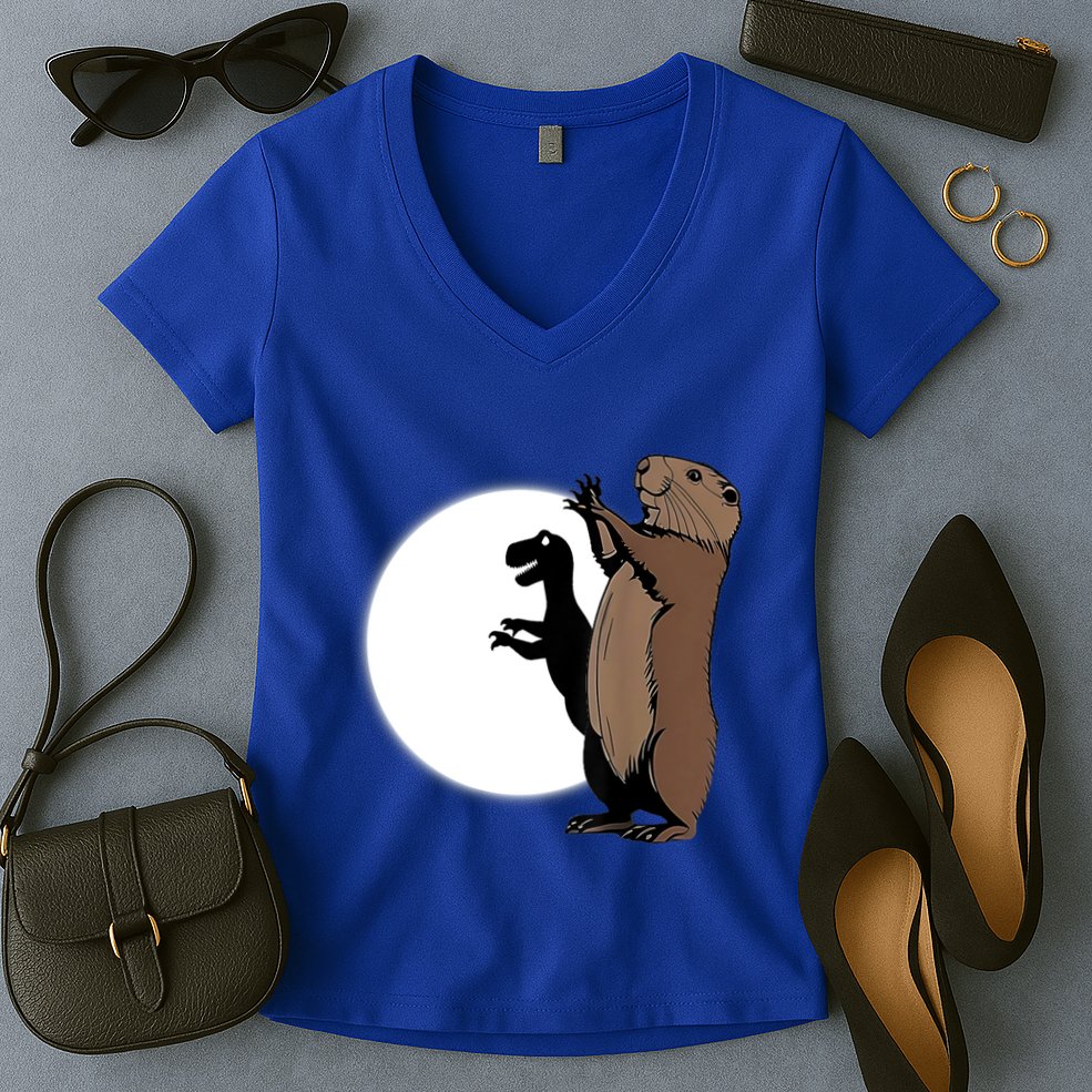 GroundhogS Dinosaur Shadow Puppet Funny Groundhog Day Women's V-Neck T-Shirt