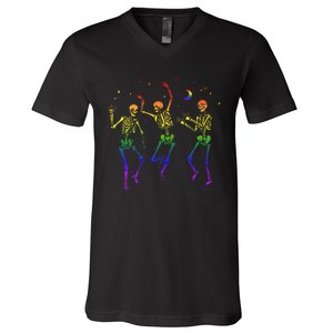 Goth Dancing Skeleton Gay Lesbian LGBT Pride For Halloween V-Neck T-Shirt