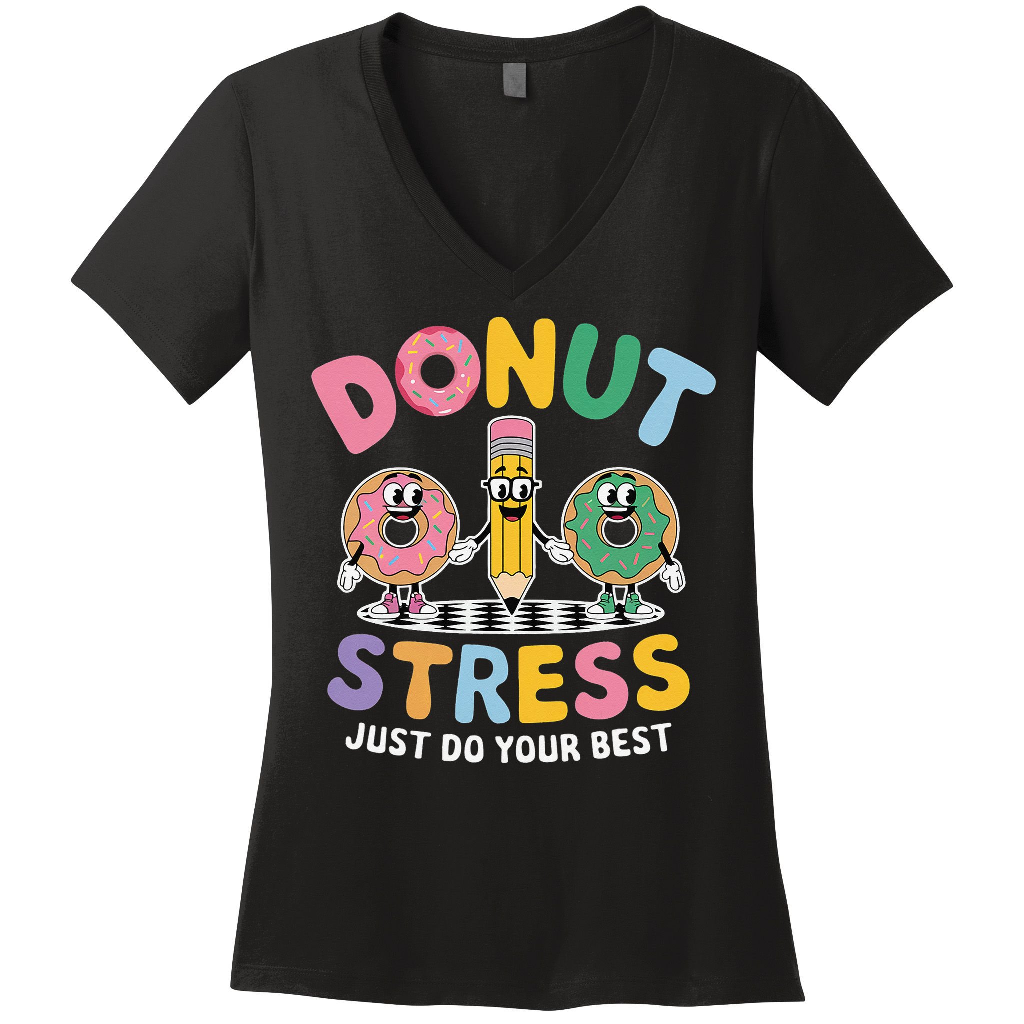 Groovy Donut Stress Just Do Your Best Testing Day Teachers Women's V-Neck T-Shirt