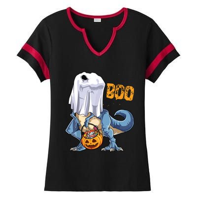 Ghost Dinosaur T Rex Funny Boo Halloween Pumpkin Ladies Halftime Notch Neck Tee