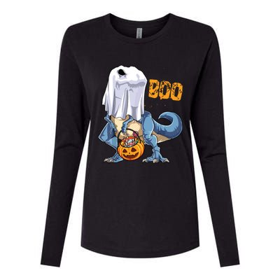 Ghost Dinosaur T Rex Funny Boo Halloween Pumpkin Womens Cotton Relaxed Long Sleeve T-Shirt