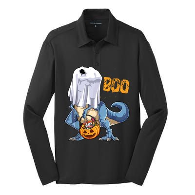 Ghost Dinosaur T Rex Funny Boo Halloween Pumpkin Silk Touch Performance Long Sleeve Polo